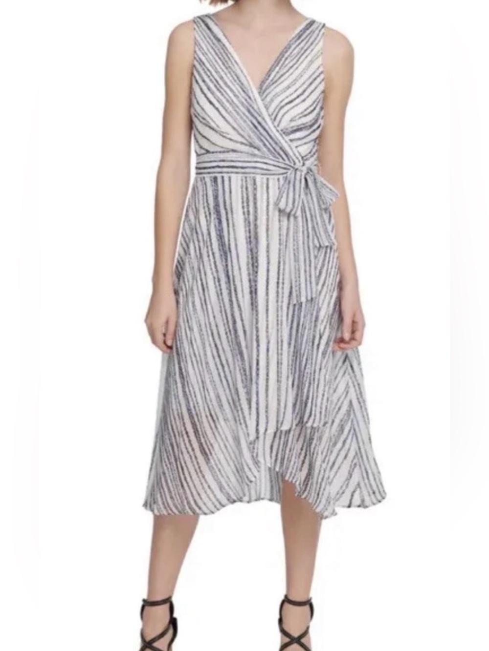 DKNY Women’s Collared Asymmetrical-Hem MIDI Blue White Dress Size 12